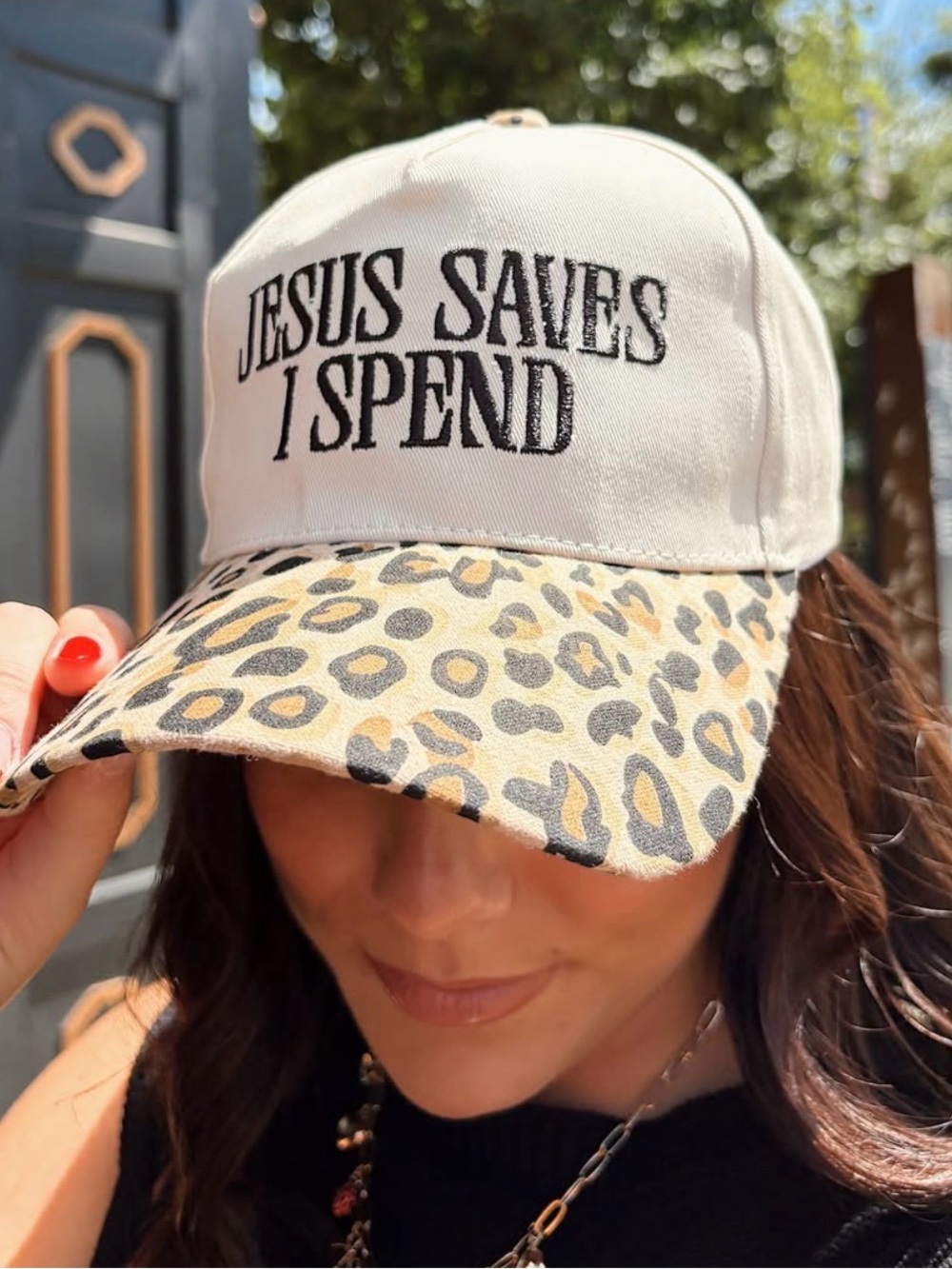 Beige & Leopard 'Jesus Saves I Spend' Trucker Hat